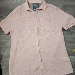 Mantauk Pink Shirt Size M Button Down Front‎ Pocket Rayon Linen Gauzy Breathable